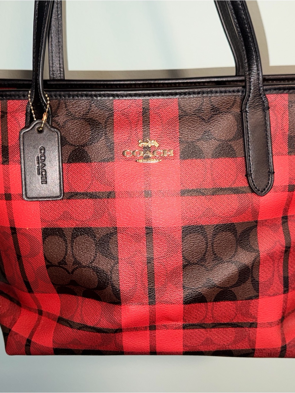 Coach Red and Brown Plaid Signature Tote with Black Trim